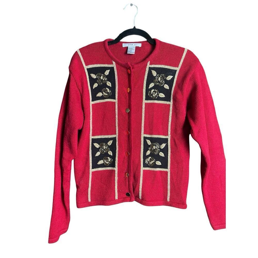 Vintage Lise J Red Beaded Cardigan Sweater Size M Holiday Sweater